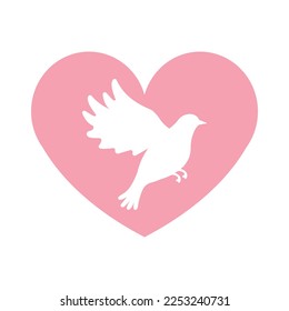 Vector flat cartoon pigeon dove with pink heart isolated on white background