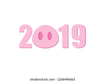 Vector flat cartoon pink 2019 sign banner with pig nose isolated on white 