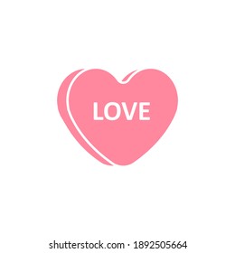 Vector flat cartoon pink Valentine’s candy with love text isolated on white background