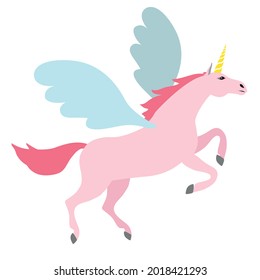 Vector flat cartoon pink pegasus unicorn isolated on white background