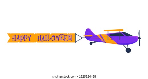 Vector flat, cartoon plane illustration. Airplane with congratulatory announcement "Happy Halloween". Purple plane flies and wishes a happy halloween. Greeting card template isolated on background.