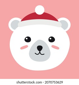 Vector flat cartoon polar bear face in winter hat isolated on pink background
