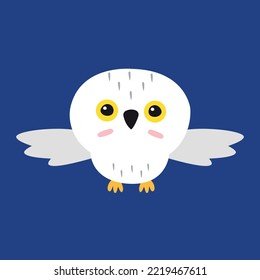 Vector flat cartoon polar flying owl isolated on blue background