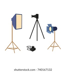 vector flat cartoon professional photo equipment set. Lens dslr photo camera standing at special tripod stand, softbox, searchlight. Isolated illustration on a white background.