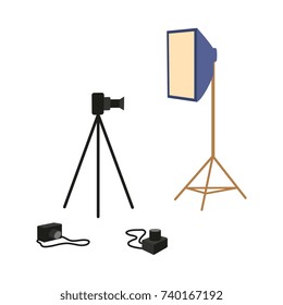 vector flat cartoon professional photo equipment set. Lens photo camera standing at special tripod stand, softbox. Isolated illustration on a white background.