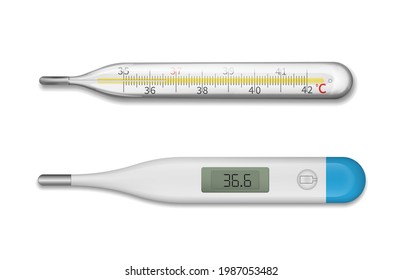 Vector flat cartoon realistic set of medical and digital thermometer isolated on white background.Vector illustration.Eps 10.