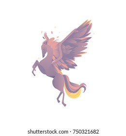 vector flat cartoon rearing Pegasus mythical animal - fairy fictional horse with eagle wings with rich plumage, feathering. Isolated illustration on a white background.