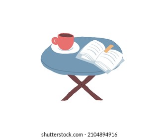 Vector flat cartoon round ?offee table with book,cup and saucer isolated on empty background-home furniture and room interior elements concept,web site banner ad design
