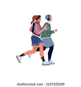 Vector flat cartoon running characters,stylish young man and woman doing cardio sports,runs isolated on empty background-life scene,healthy sporty lifestyle social concept,web site banner ad design