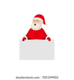 vector flat cartoon Santa Claus in red white clothing and hat keeping blank white paper with free space for a text. Illustration isolated on a white background. Christmas ,new year poster design