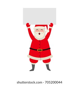 vector flat cartoon Santa Claus in red white christmas clothing and hat keeping blank white paper with free space for a text in outstretched hands. Illustration isolated on a white background.
