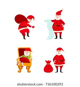vector flat cartoon santa claus in christmas stockings and hat sitting at luxury armchair, holding paper scroll, carrying big bag with presents set. Holiday illustration isolated on a white background