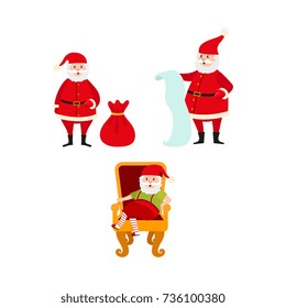 vector flat cartoon santa claus in christmas stockings and hat sitting at luxury armchair, holding paper scroll, carrying big bag with presents set. Holiday illustration isolated on a white background