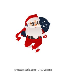 vector flat cartoon santa claus in christmas stockings and hat , carrying big bag with presents boxes. Holiday illustration isolated on a white background