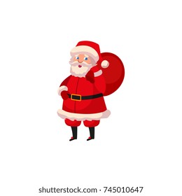 vector flat cartoon santa claus in christmas stockings and hat , carrying big bag with presents boxes. Holiday illustration isolated on a white background