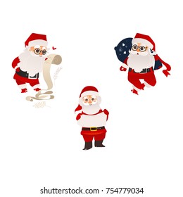 vector flat cartoon santa claus in christmas stockings and hat holding paper scroll, carrying big bag with presents and standing with poster set. Holiday illustration isolated on a white background