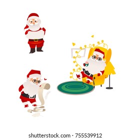 vector flat cartoon santa claus in christmas stockings and hat sitting at luxury armchair, holding paper scroll and standing with empty poster set. Holiday illustration isolated on a white background