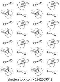 Vector flat cartoon seamless pattern of black line contour drawn saddle and horse bit isolated on white background 