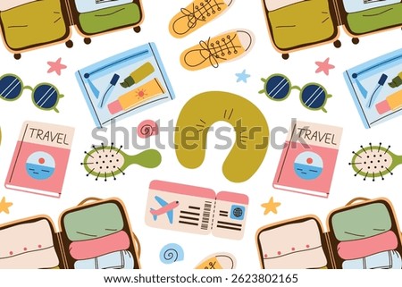 Vector flat cartoon seamless pattern with female travel items. Open suitcase, traveling book, airplane ticket, beauty bag, stylish sneakers, plane pillow. Bright vacation background with doodle icons