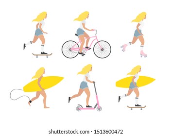 Vector flat cartoon set bundle of different young women isolated on white background. Girls with surf, skate boards, rollers and scooter illustration 