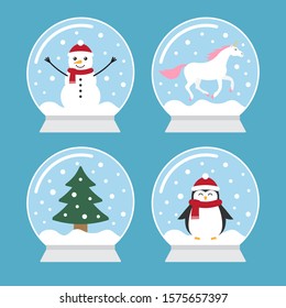 Vector flat cartoon set bundle of snow balls with penguin, snowman, unicorn and Christmas tree spruce isolated on blue background
