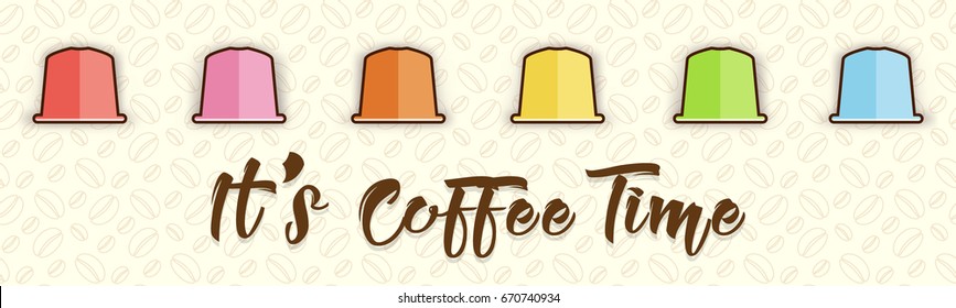 Vector flat cartoon set of coffee capsules. Conceptual illustration, coffee beans pattern. Multicolored pods for coffee machine.