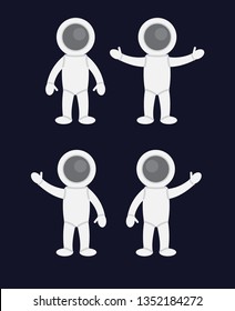 Vector flat cartoon set collection of cosmonaut different pose standing isolated on black  background 