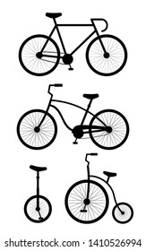 Vector flat cartoon set collection of black different bicycle type isolated on white background 