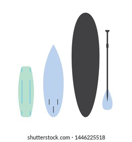 Vector flat cartoon set collection of different surf stand up paddle and wake boards isolated on white background 