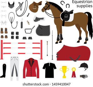 Vector flat cartoon set collection of equestrian horse equipment isolated on white background