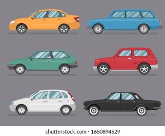 Vector flat cartoon set collection of different car: sedan, hatchback, universal, suv. Isolated auto on grey background
