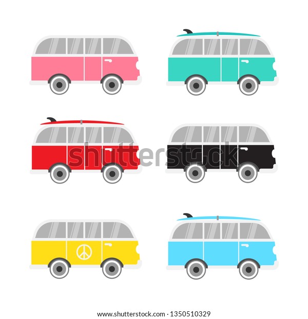Vector flat cartoon set\
collection of different surf hippie van bus isolated on white\
background 