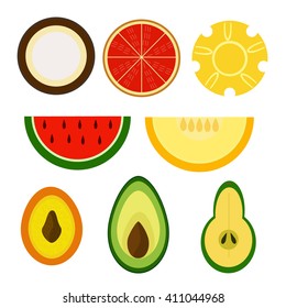 Vector flat cartoon set of cut exotic fruits isolated on white. Cover or tag for food production, design element, picture for book, magazine, menu decoration.