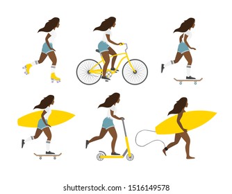 Vector flat cartoon set of different African American young women isolated on white background. Girls with surf, skate boards, rollers and scooter bundle illustration