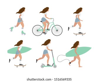 Vector flat cartoon set of different young women isolated on white background. Girls with surf, skate boards, rollers and scooter bundle illustration