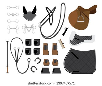 Vector flat cartoon set of horse tack and gear equipment for riding and show jumping isolated on white background 