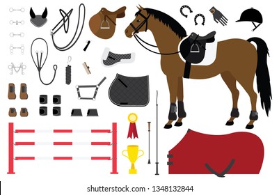 Vector flat cartoon set of horse riding equestrian sport equipment isolated on white background 