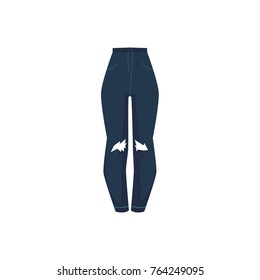 vector flat cartoon shabby denim jeans pants with holes. Fashionable trendy style summer women s, female casual clothing. Isolated illustration on a white background.