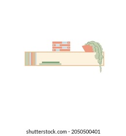 Vector flat cartoon shelf with different books,home plant and stuff isolated on empty background-furniture and interior elements concept,web site banner ad design