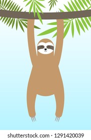 Vector flat cartoon sloth hanging on tree brunch with palm leaves isolated on blue background 