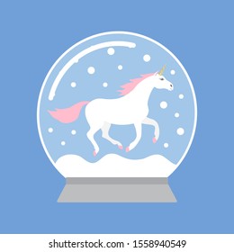 Vector flat cartoon snow ball with unicorn isolated on blue background