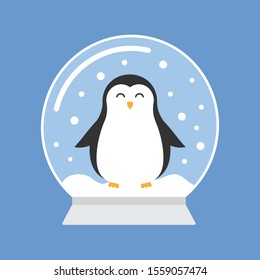 Vector flat cartoon snow ball with penguin isolated on blue background
