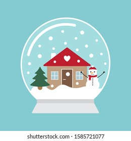 Vector flat cartoon snowball with house landscape isolated on blue background