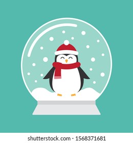 Vector flat cartoon snowball with penguin isolated on mint background