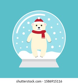 Vector flat cartoon snowball with polar bear isolated on blue background 