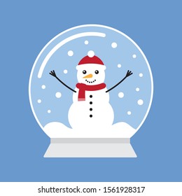 Vector flat cartoon snowball with snowman isolated on blue background