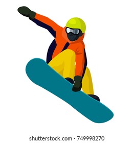 Vector Flat Cartoon Snowboarder Jumping. Cartoon Boy On Snowboard