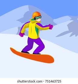 Vector flat cartoon snowboarder in mountains. Cartoon boy on snowboard