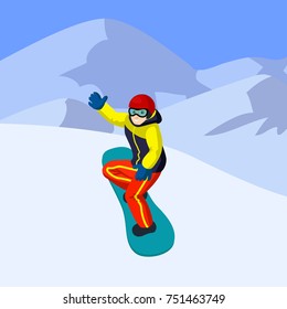 Vector flat cartoon snowboarder in mountains. Cartoon boy on snowboard