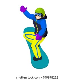 Vector flat cartoon snowboarder riding. Cartoon boy on snowboard